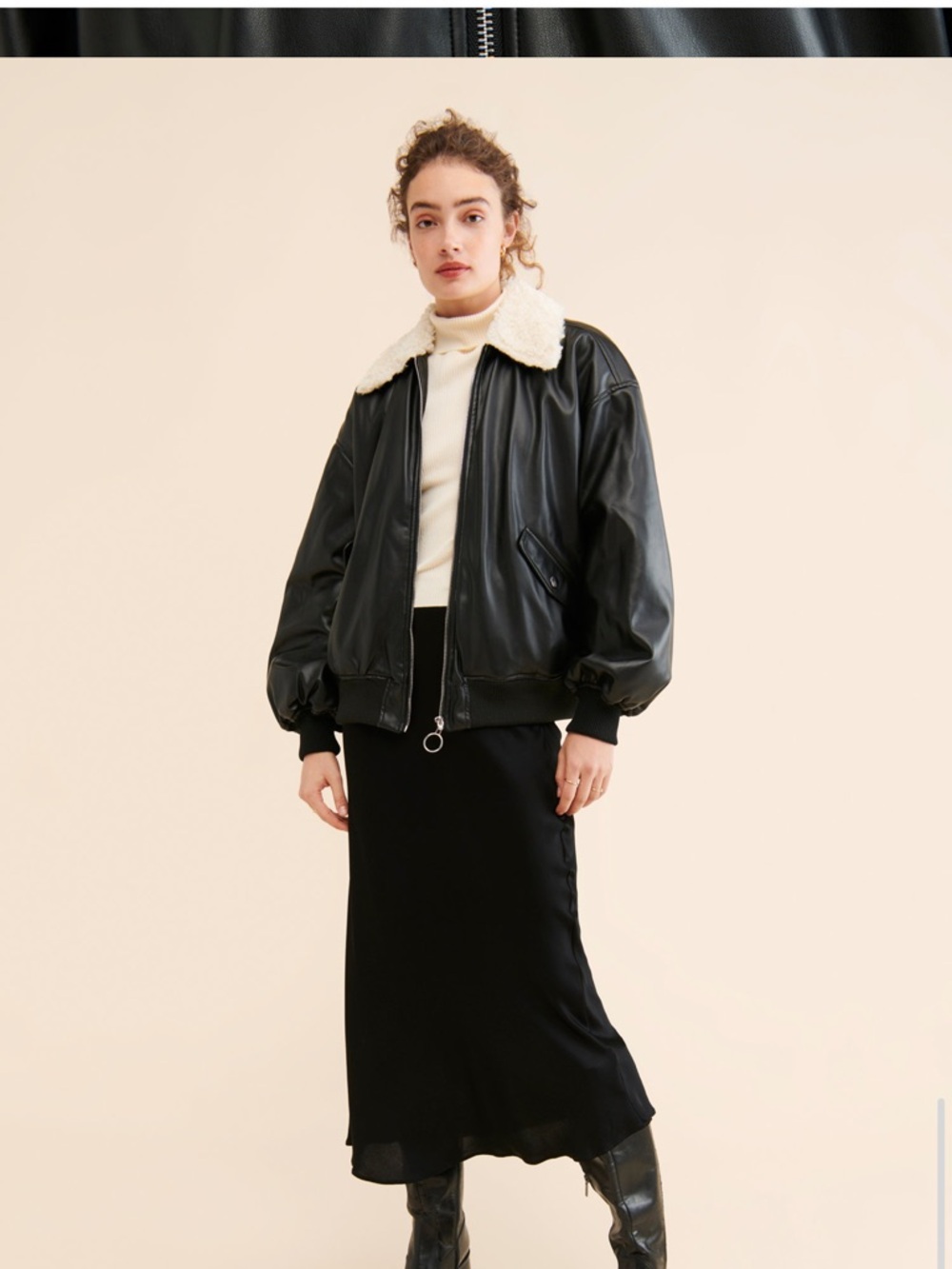 WeWoreWhat Black Faux Leather Bomber Jacket with Cream Shearling Collar - Picture 4 of 4